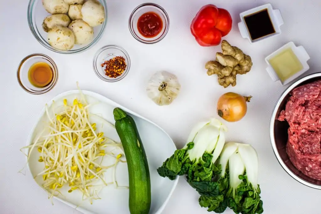 Ingredients to make spicy keto pork stir fry with vegetables