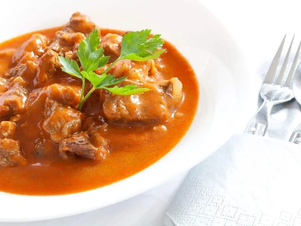 keto beef goulash with sauerkraut in a bowl