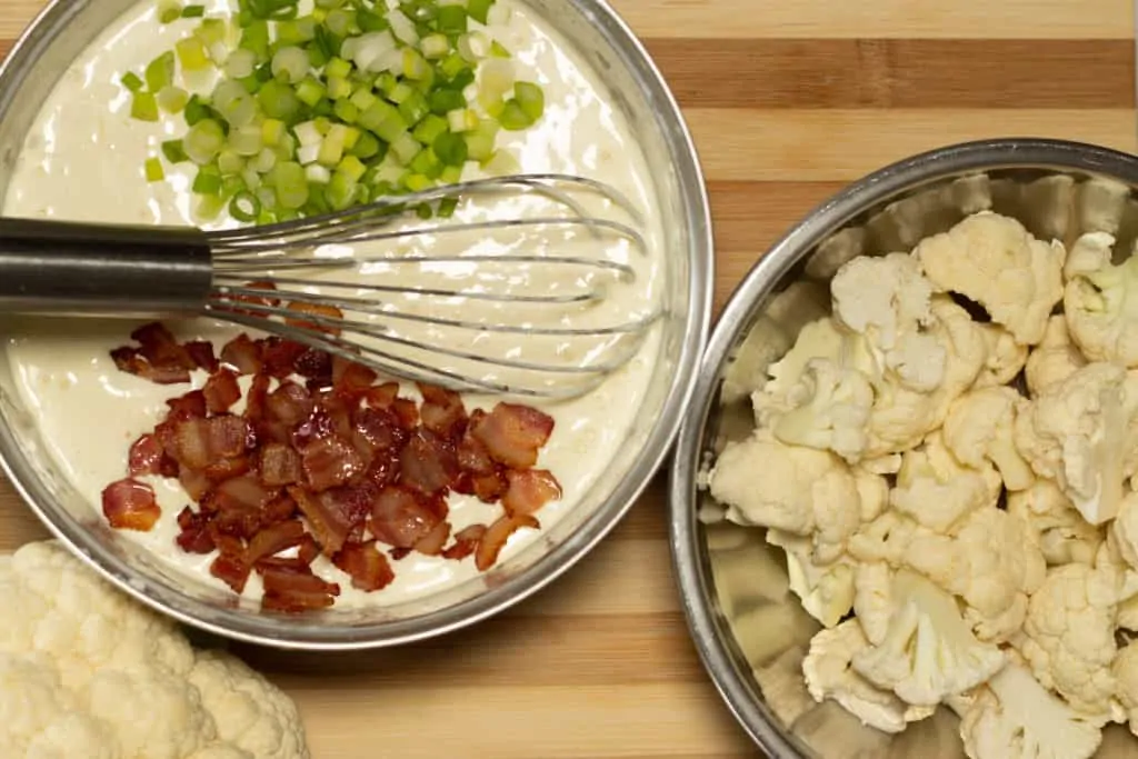 cauliflower no-mac n cheese adding bacon and green onion