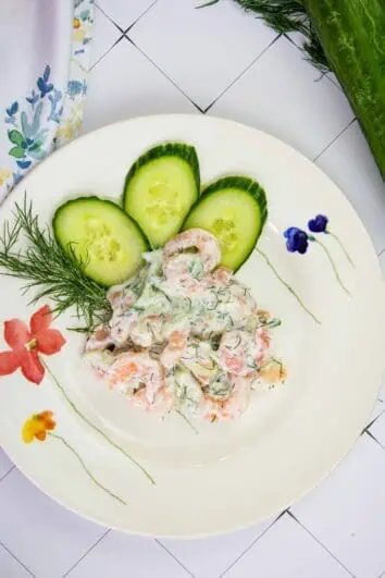 keto shrimp salad with dill and cucumber on a plate