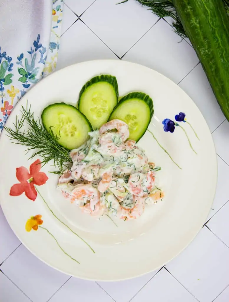 keto shrimp salad with dill and cucumber on a plate