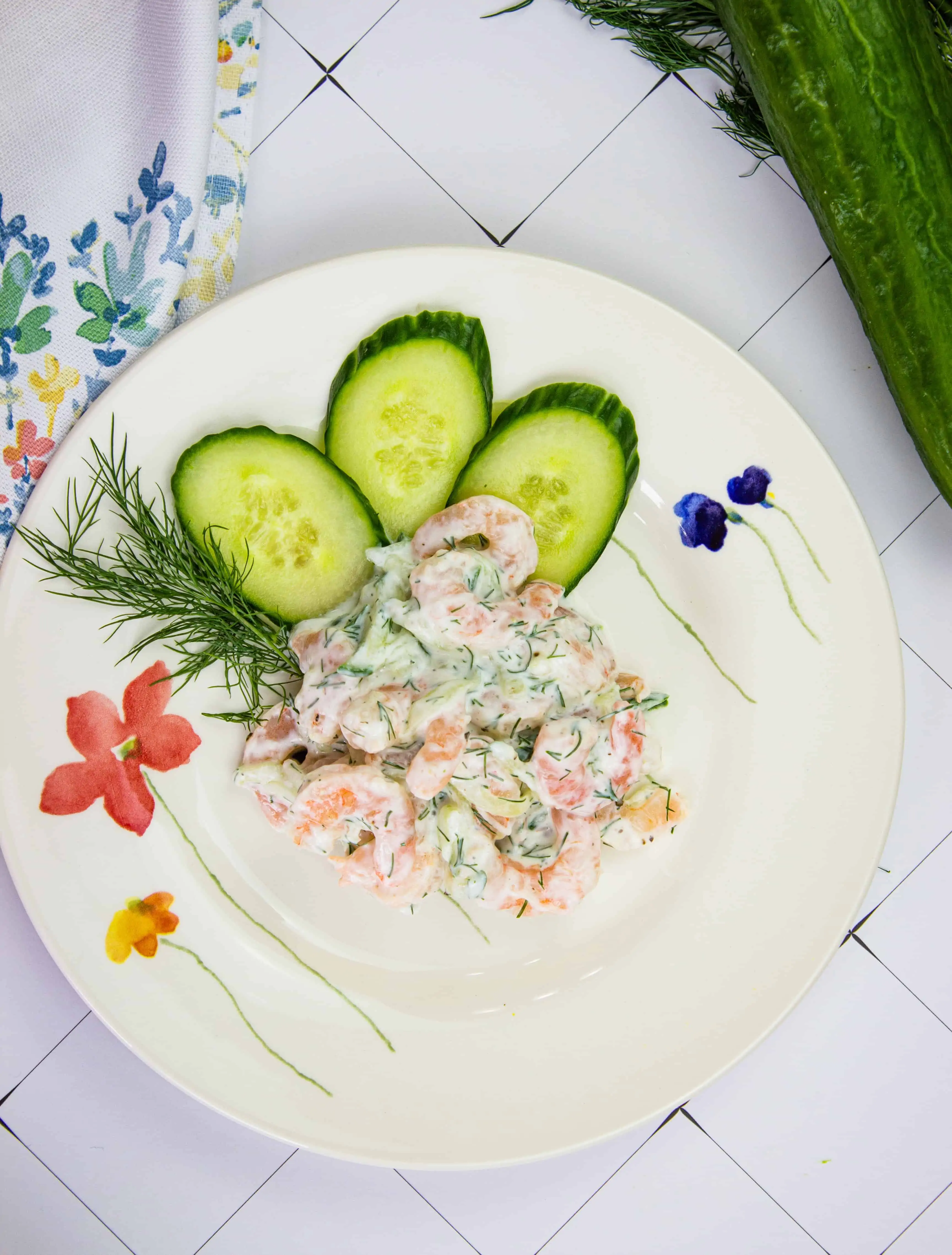 keto shrimp salad with dill and cucumber on a plate