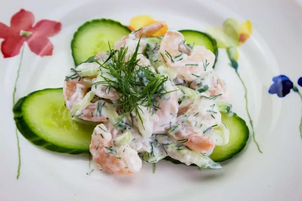 creamy keto shrimp salad with dill and cucumber up close