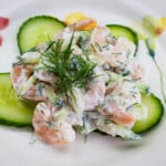 creamy keto shrimp salad with dill and cucumber up close