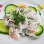 creamy keto shrimp salad with dill and cucumber up close