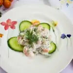 keto shrimp salad with dill and cucumber on a plate