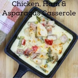 keto chicken, ham & asparagus casserole in a square dish