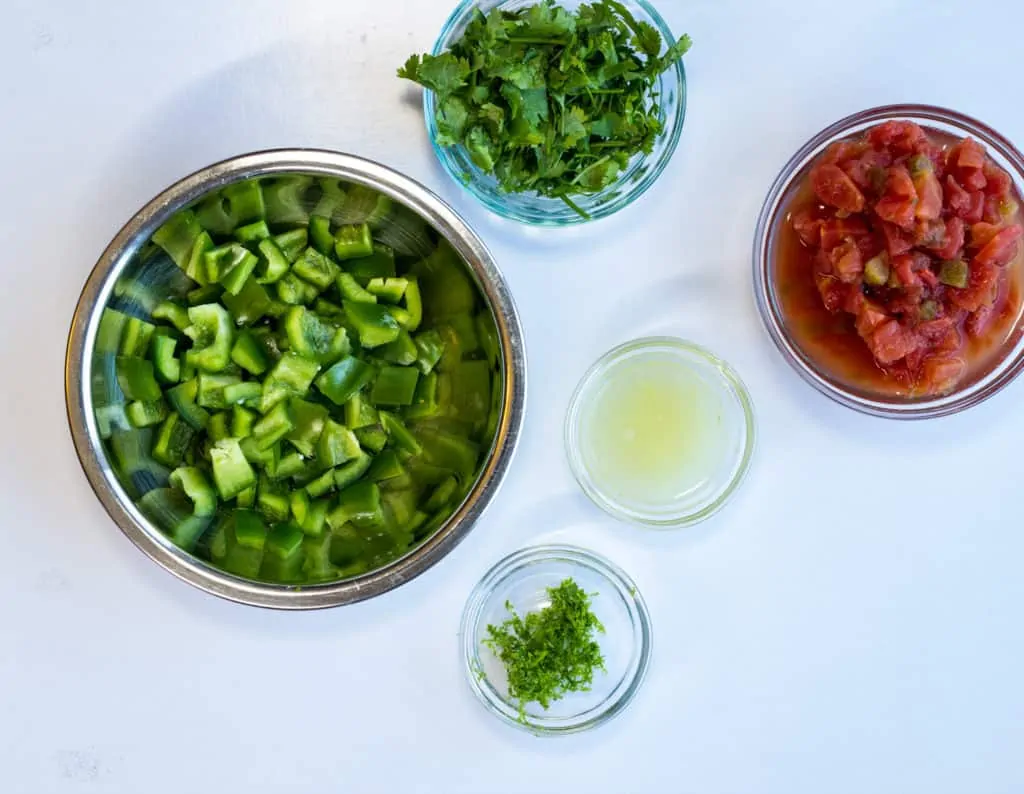 chopped bell pepper, zest and juice of lime, 1 can rotel tomatoes, and cilantro