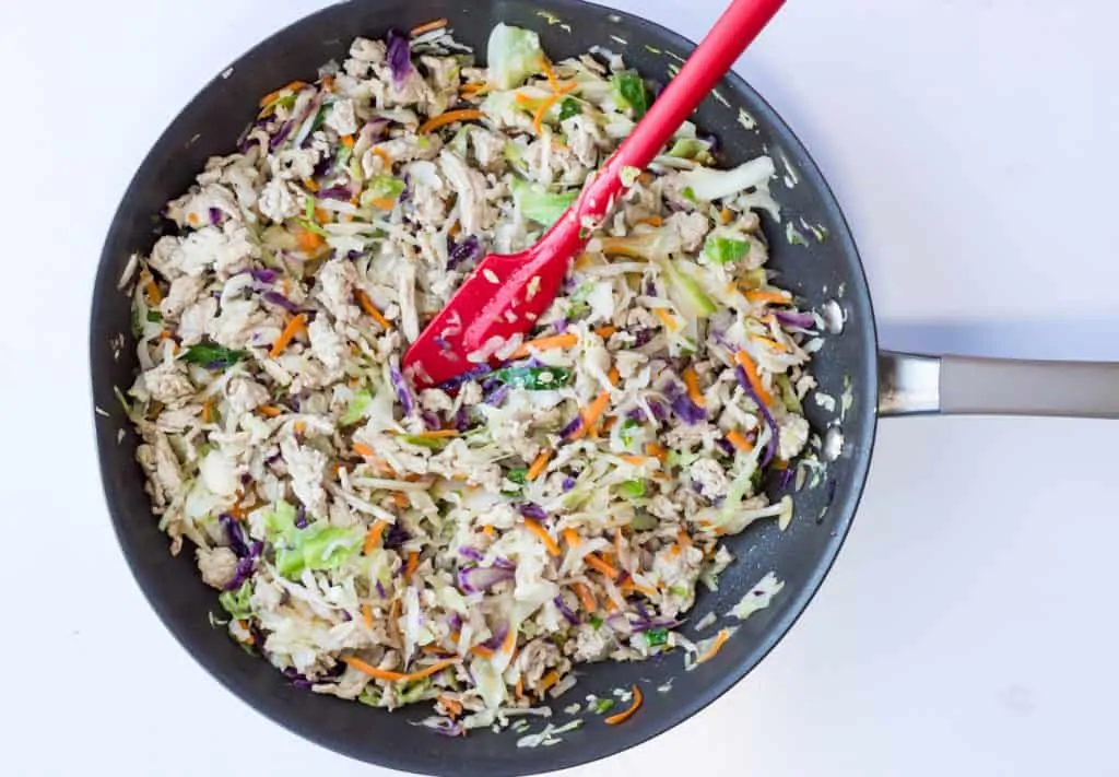 Keto Egg Roll in a Bowl ingredients cooked in a skillet