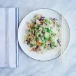 Keto Egg Roll in a Bowl plated with chopsticks and a napkin