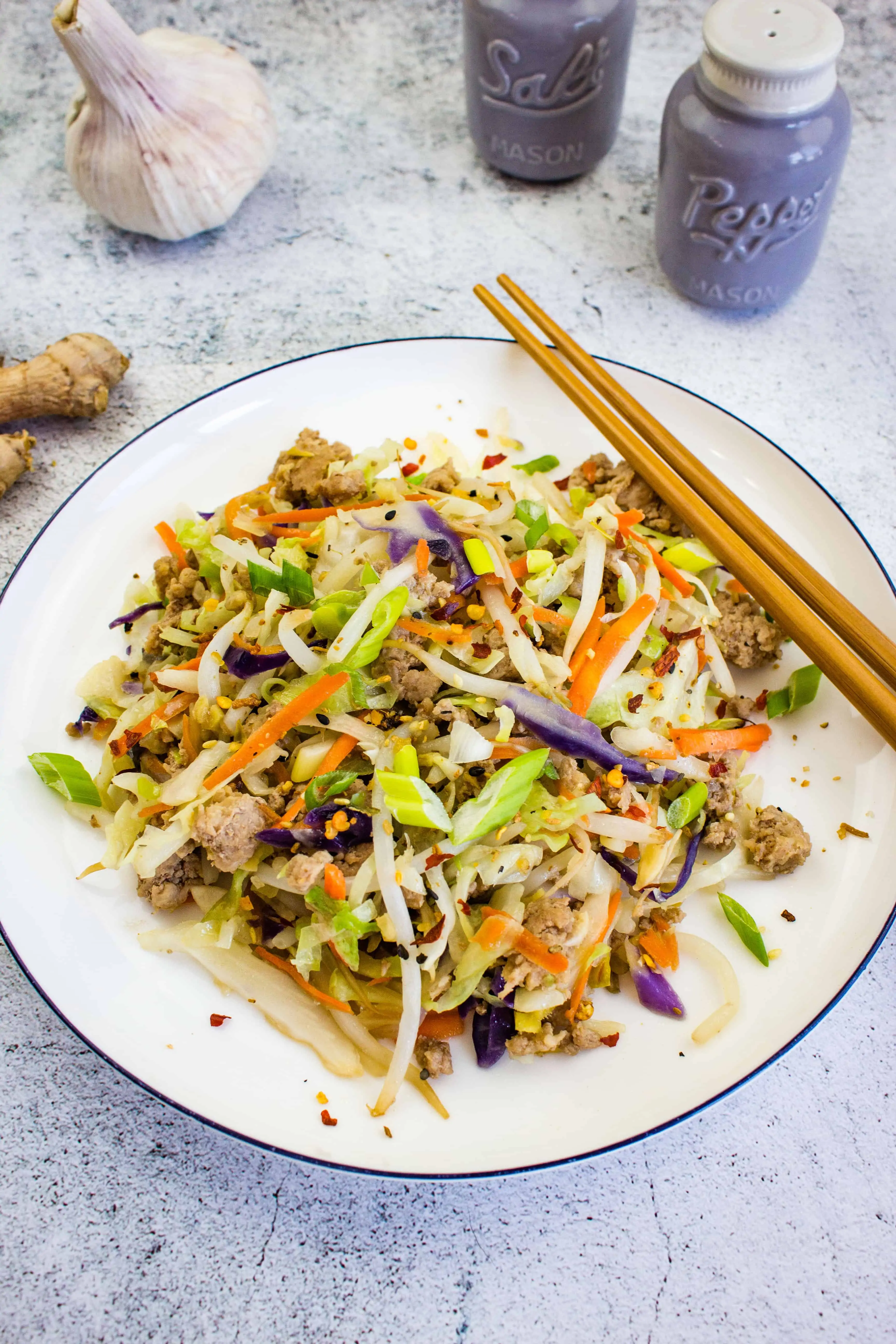 keto egg roll in a bowl on a plate