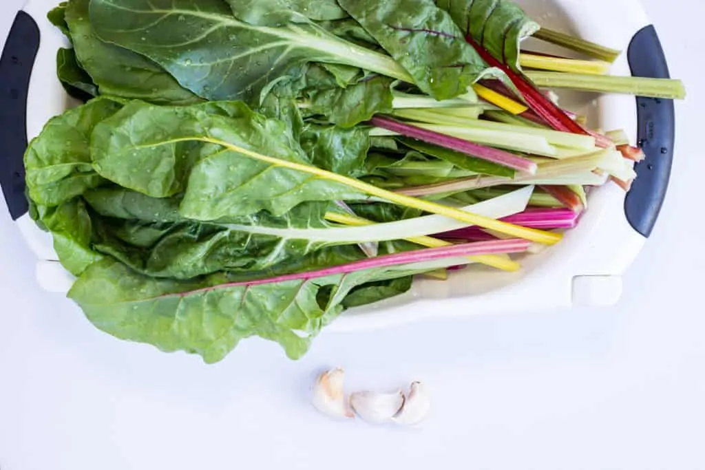 Washed rainbow swiss chard in a collander.