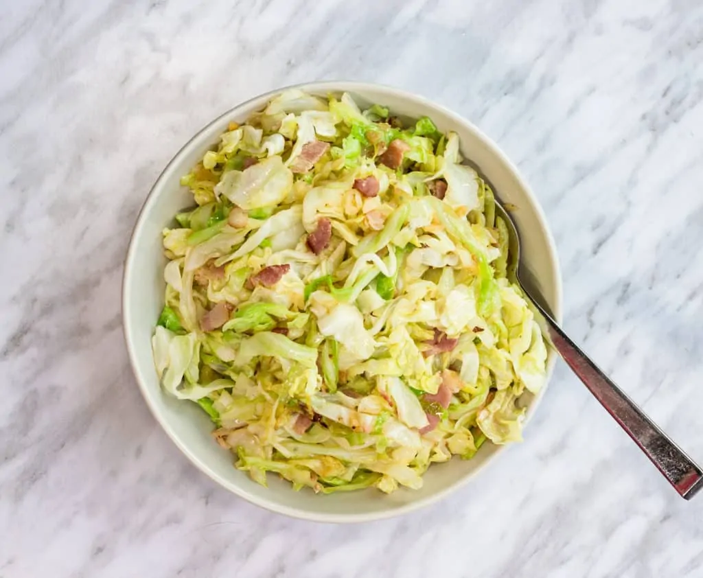 skillet cabbage with bacon & Garlic in a serving bowl