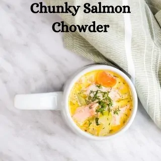 Chunky keto salmon chowder in a bowl
