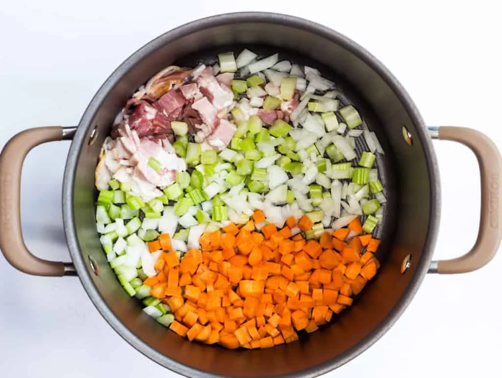 sautee the bacon, onions, celery, and carrots in a pot