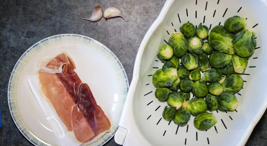 Brussels sprouts, prosciutto, garlic, and olive oil