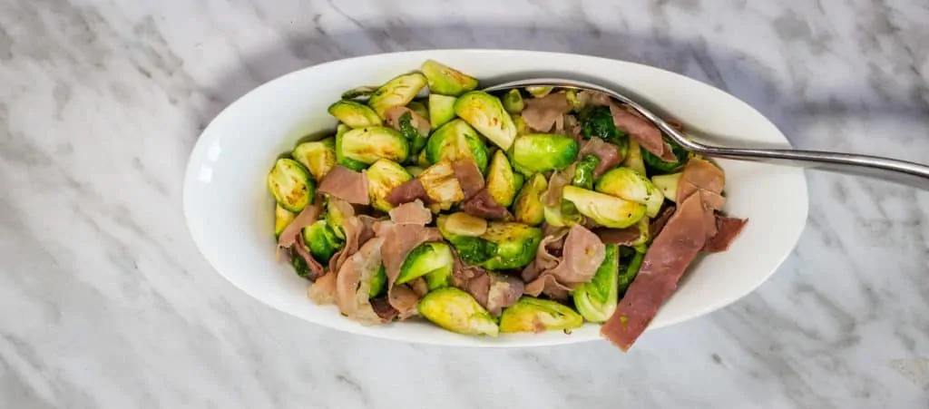 Brussels Sprouts with Prosciutto in a serving bowl