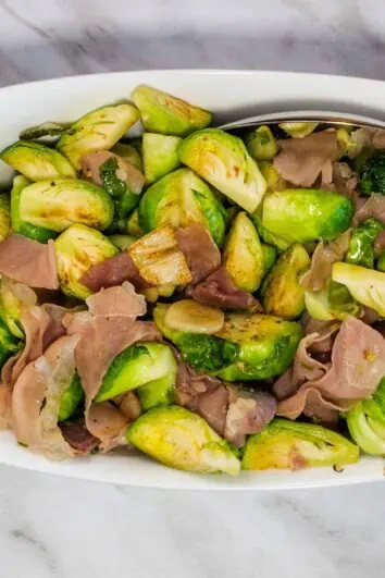 Brussels Sprouts with Prosciutto in a serving bowl