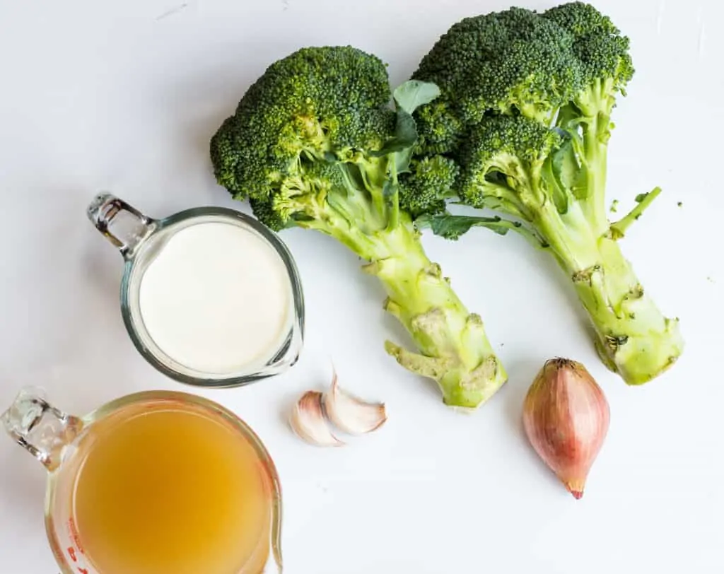 Broccoli, cream, chicken broth, shallot and garlic - the ingredients for Cream of Roasted Broccoli Soup