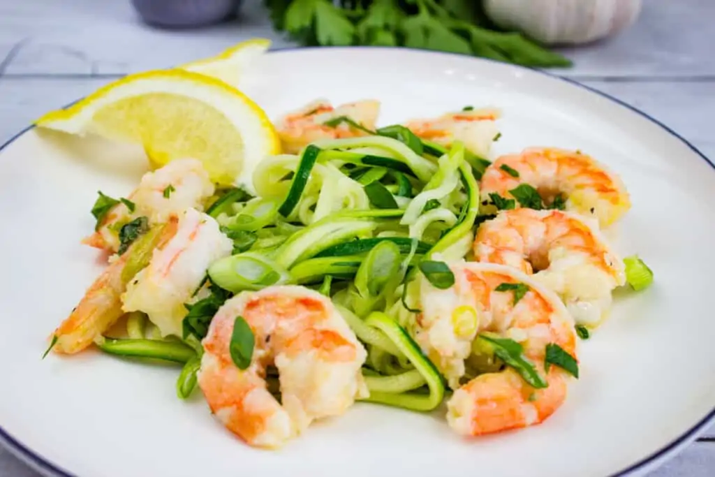 keto shrimp scampi on a bed of zoodles