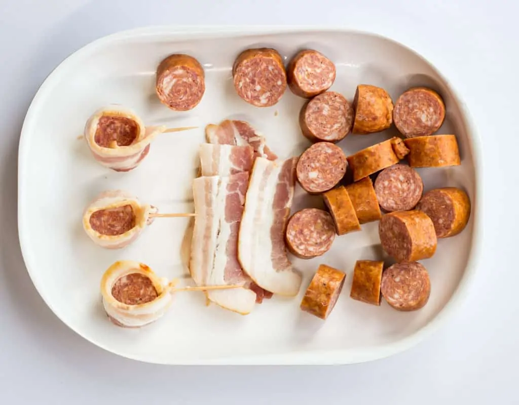 cut bacon and sausage plus bacon-wrapped sausage