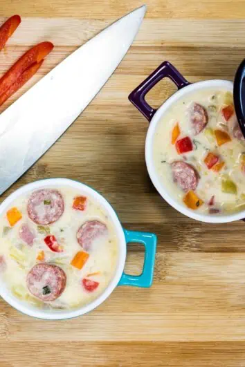 Smoked Sausage Chowder in colorful mini casserole dishes.