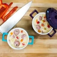 Smoked Sausage Chowder in colorful mini casserole dishes.