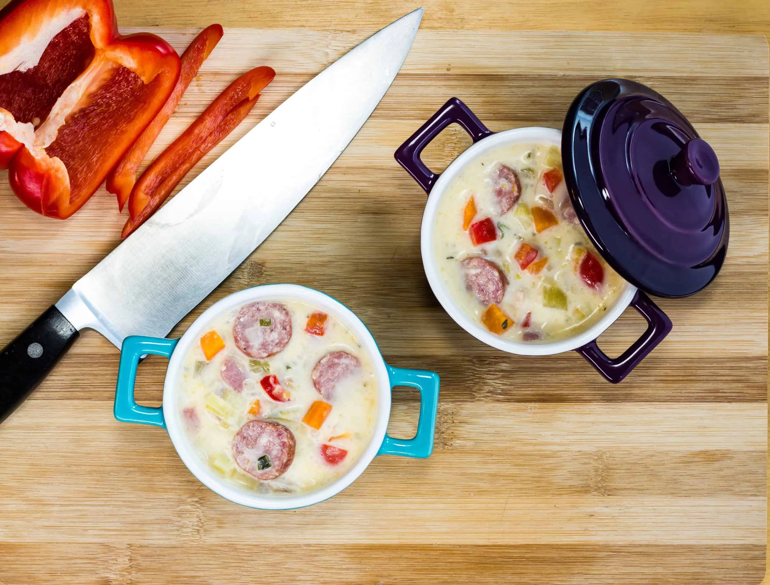 Smoked Sausage Chowder in colorful mini casserole dishes.