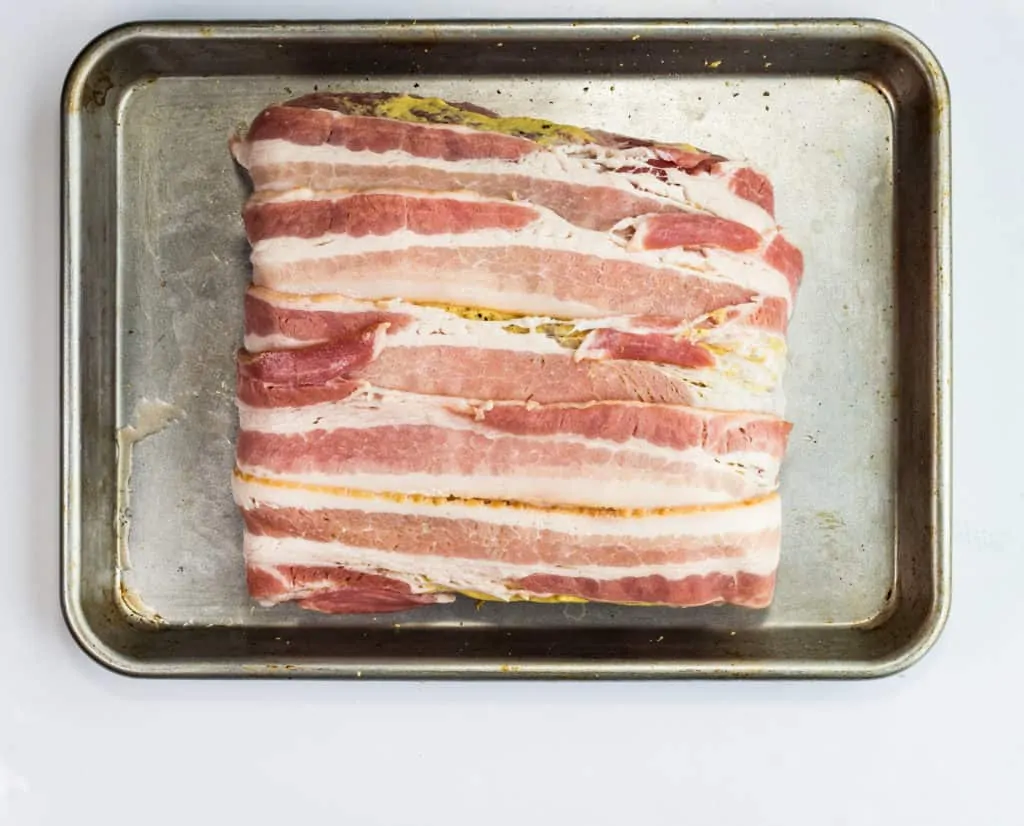 bacon-wrapped pork loin ready for the smoker