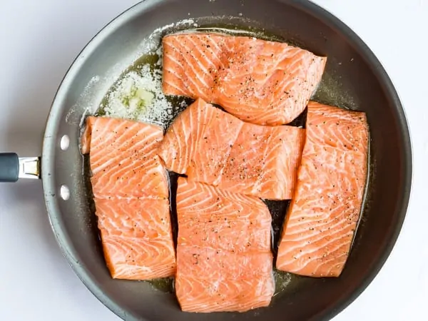 salmon fillets in pan