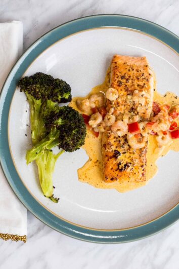 Keto cajun salmon with broccoli on a plate