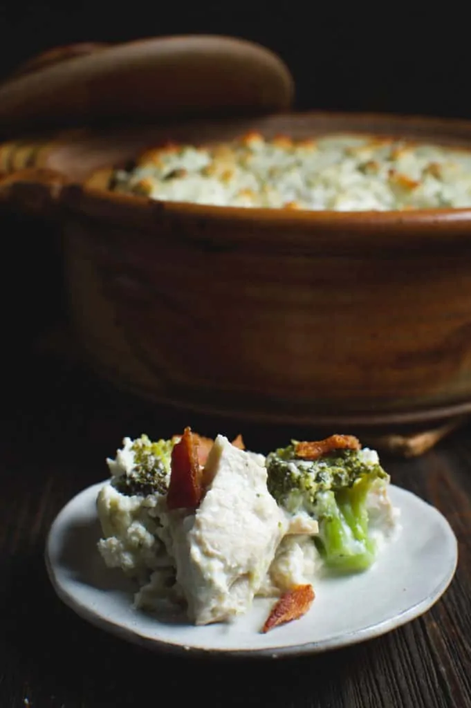 turkey casserole with bacon and blue cheese on a plate