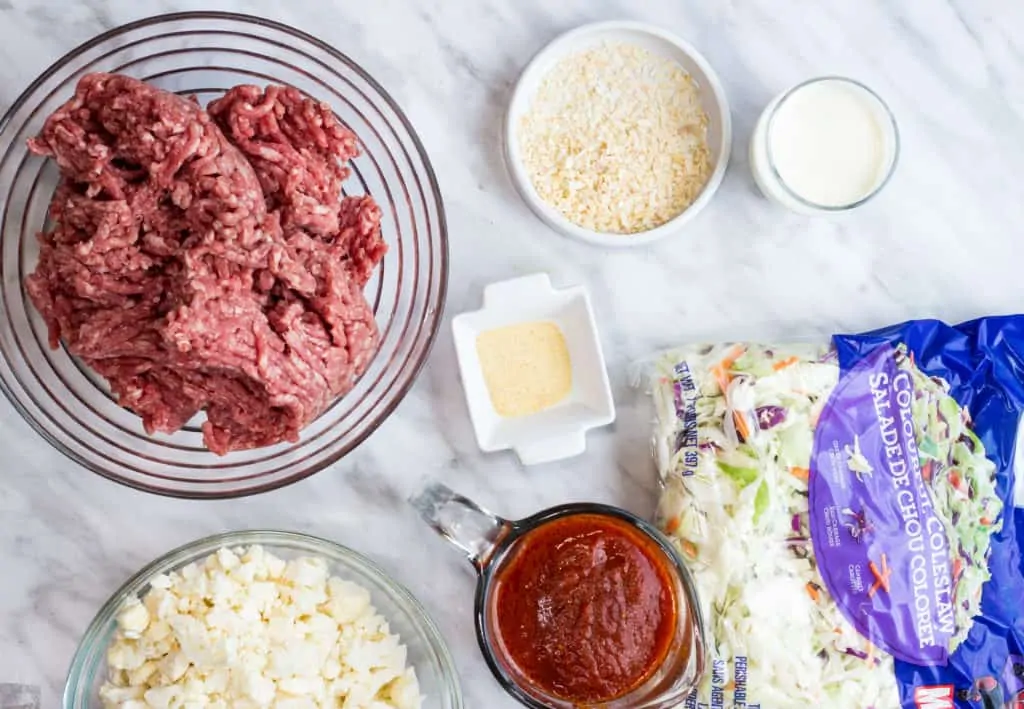 beef, garlic powder, onion flakes, coleslaw, tomato sauce, cream and cauliflower