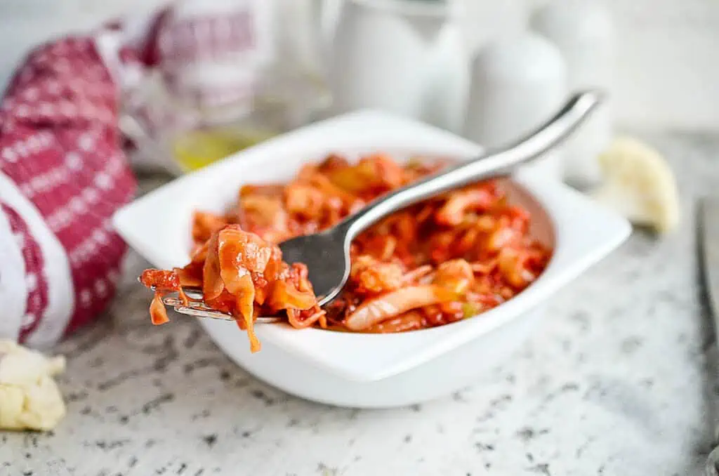 Cabbage Roll in a Bowl with a fork.