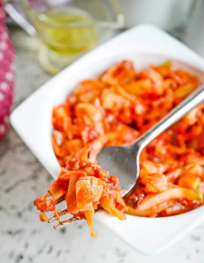 Cabbage Roll in a Bowl with a fork.