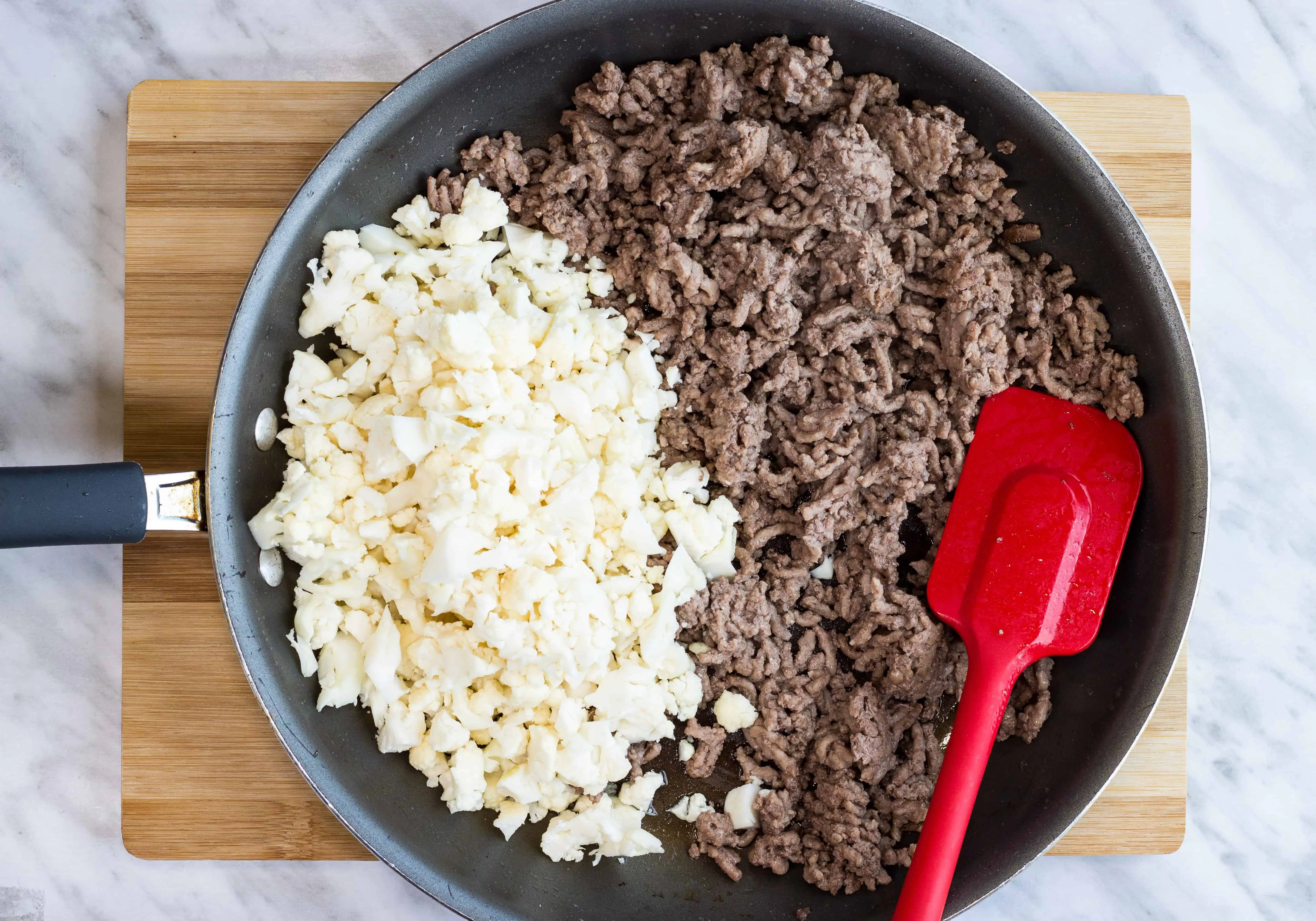 brown the beef and then cook the cauliflower