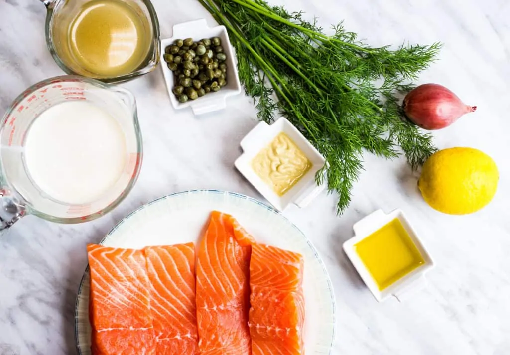 salmon, dill, oil, mustard, capers, chicken stock, salmon to make keto salmon with lemon dill sauce