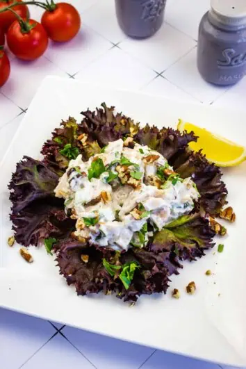 southern keto chicken salad on a bed of lettuce