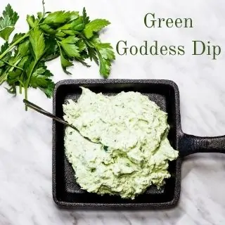 keto green goddess dip on a square cast iron pan