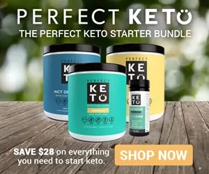 The four items in the Perfect Keto Starter Bundle with a Save $28 text overlay