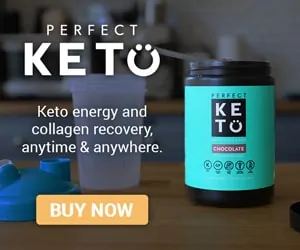 Chocolate flavored Perfect Keto Collagen with a Buy Now text overlay