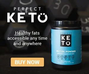 Perfect Keto MCT Oil Powder with a Buy Now text overlay