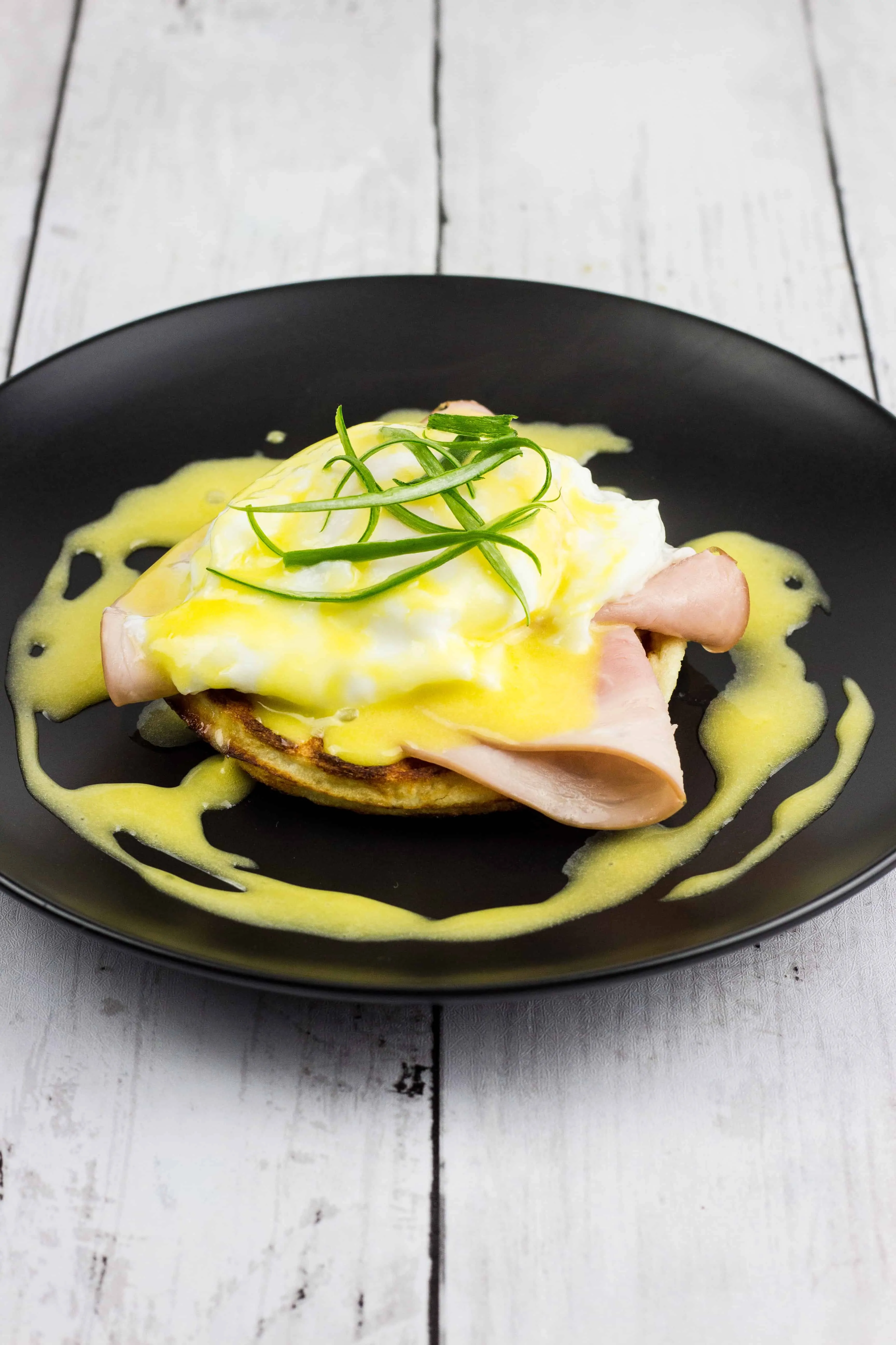 Keto Eggs Benedict Chaffle on a plate