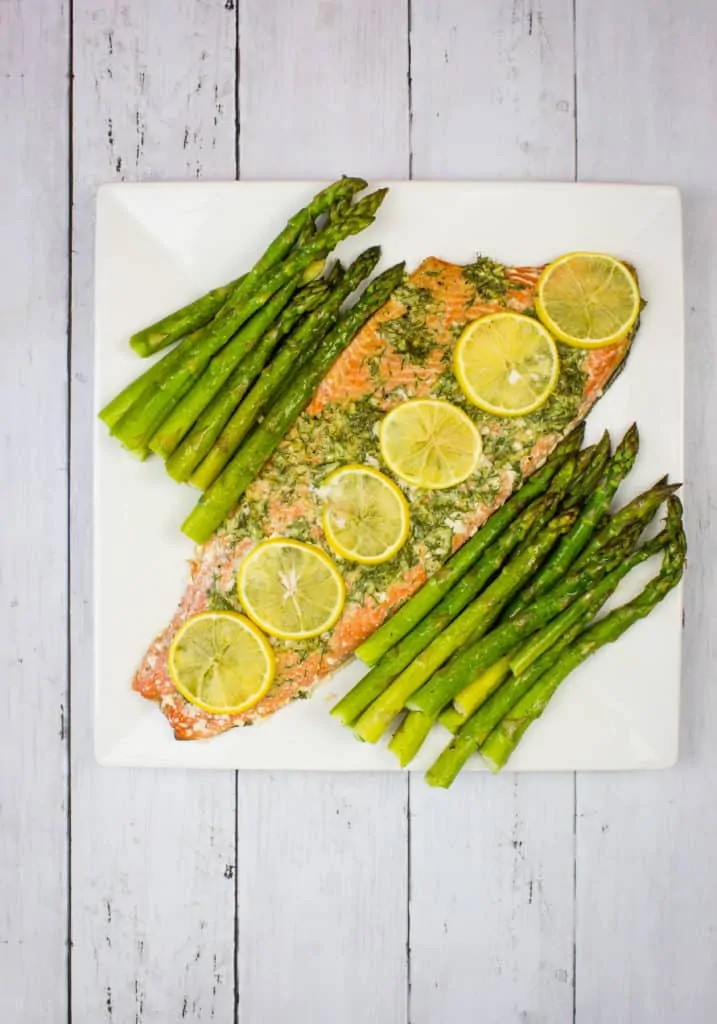 keto sheet pan salmon & asparagus on a platter