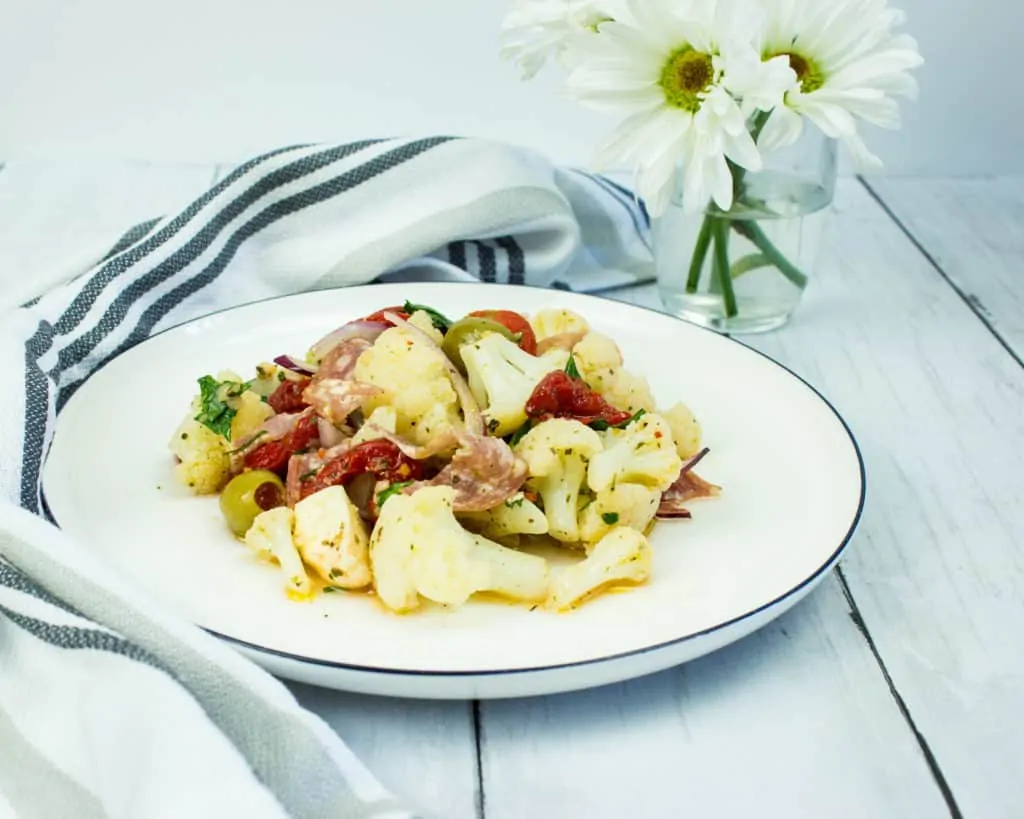 keto antipasto salad served on a plate