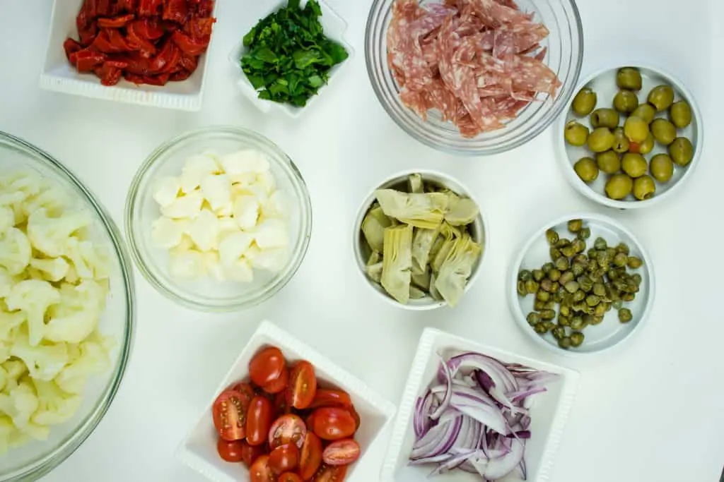 keto antipasto salad ingredients prepped