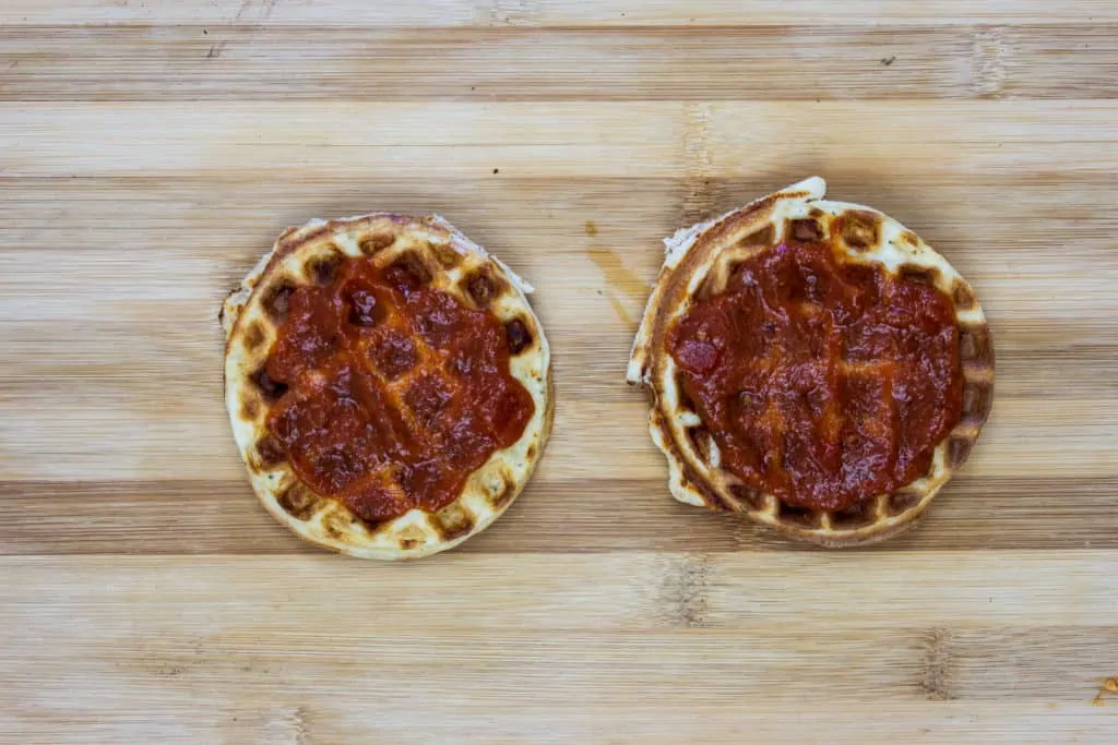 chaffles topped with tomato sauce