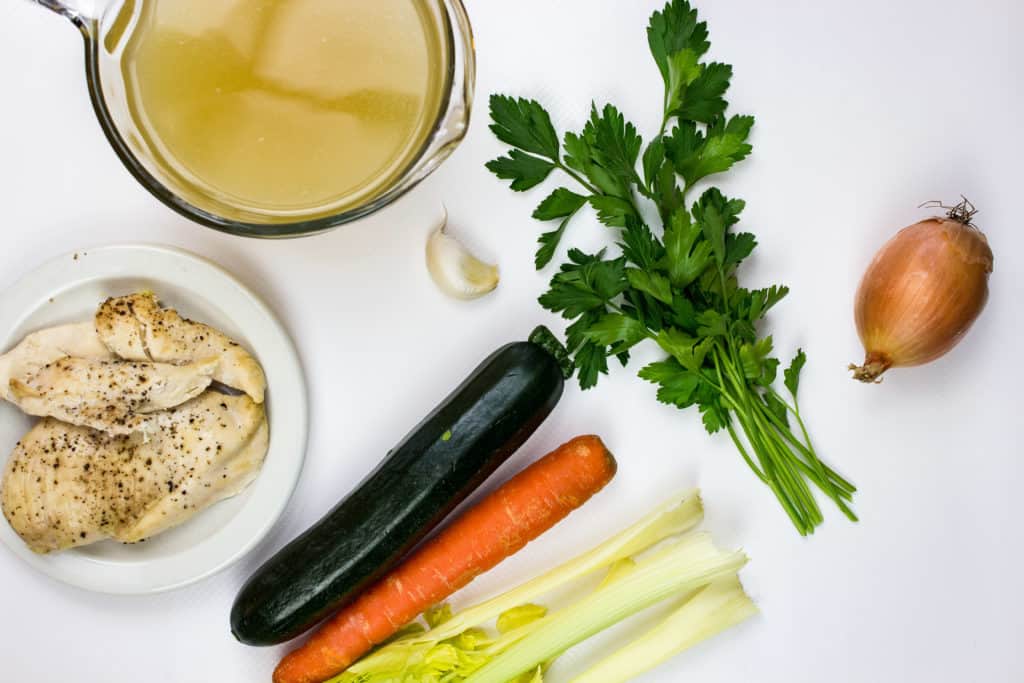 broth, zucchini, carrot, celery, chicken, parsley, garlic
