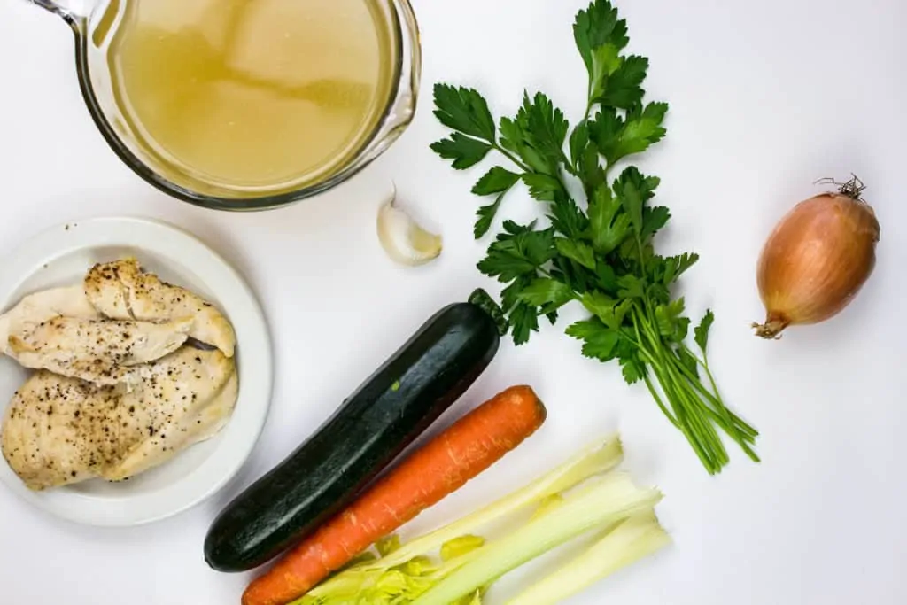 broth, zucchini, carrot, celery, chicken, parsley, garlic 