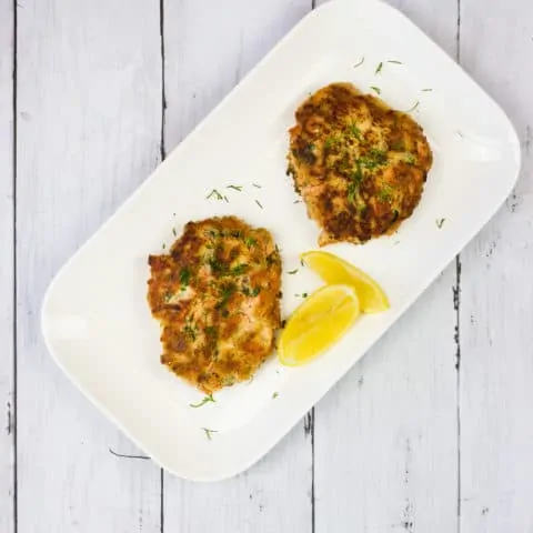 salmon patties on a serving tray